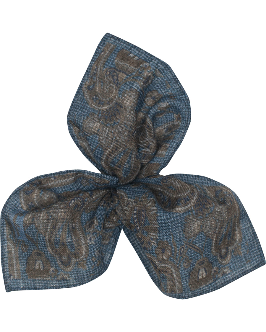 Herr | Stenströms Wool Doublefaced Printed Paisley Pocket Square Blue | Stenströms | Wool Doublefaced Printed Paisley Pocket Square Blue