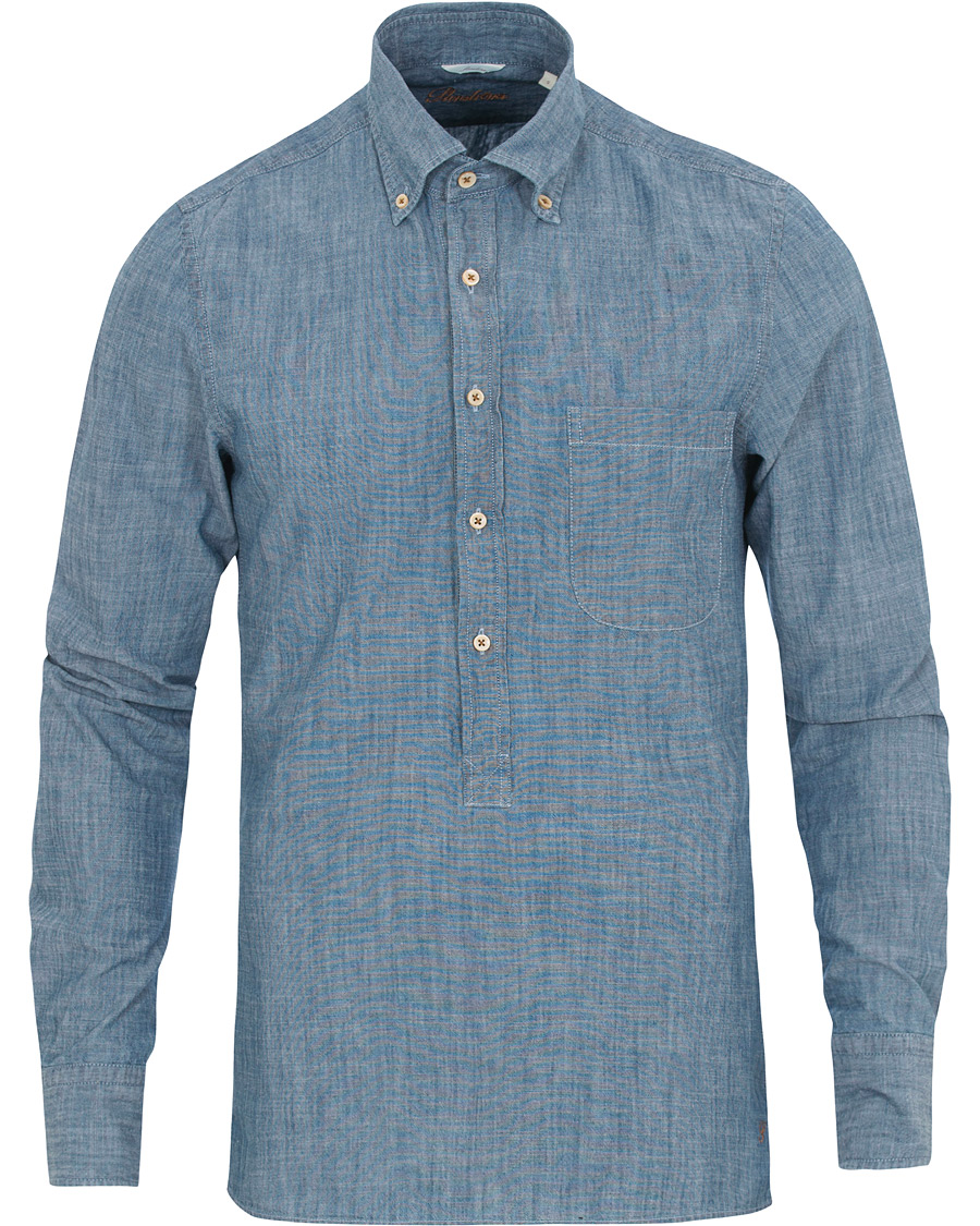 Herr | Skjortor | Stenströms | Slimline Garment Washed Popover Shirt Light Blue