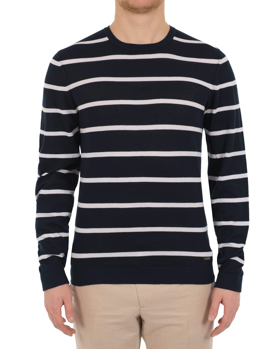 Herr | Tröjor | HUGO | Simun Stripe Knitted Crew Neck Navy/White