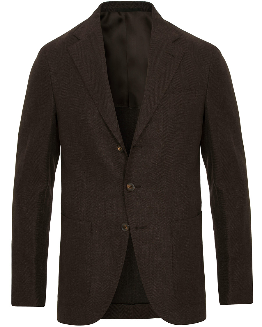 Herr | Kavajer | Caruso | Linen/Cotton Herringbone Blazer Brown