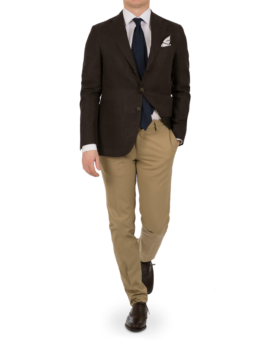 Herr | Kavajer | Caruso | Linen/Cotton Herringbone Blazer Brown