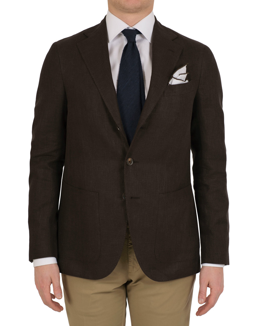 Herr | Kavajer | Caruso | Linen/Cotton Herringbone Blazer Brown