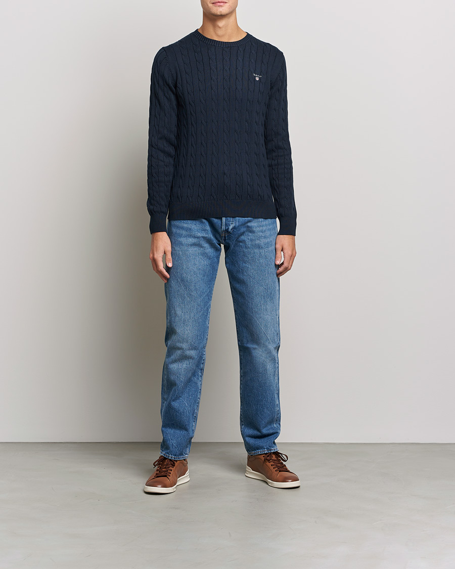 Herr | Tröjor | GANT | Cotton Cable Crew Neck Pullover Evening Blue