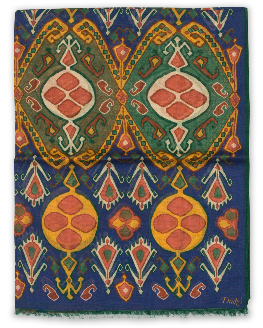 Herr | Drake's Cotton/Modal Floral Kelim Print Scarf Blue | Drake's | Cotton/Modal Floral Kelim Print Scarf Blue