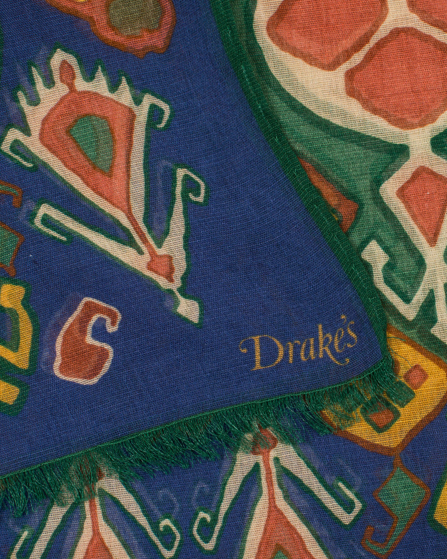 Herr | Drake's Cotton/Modal Floral Kelim Print Scarf Blue | Drake's | Cotton/Modal Floral Kelim Print Scarf Blue
