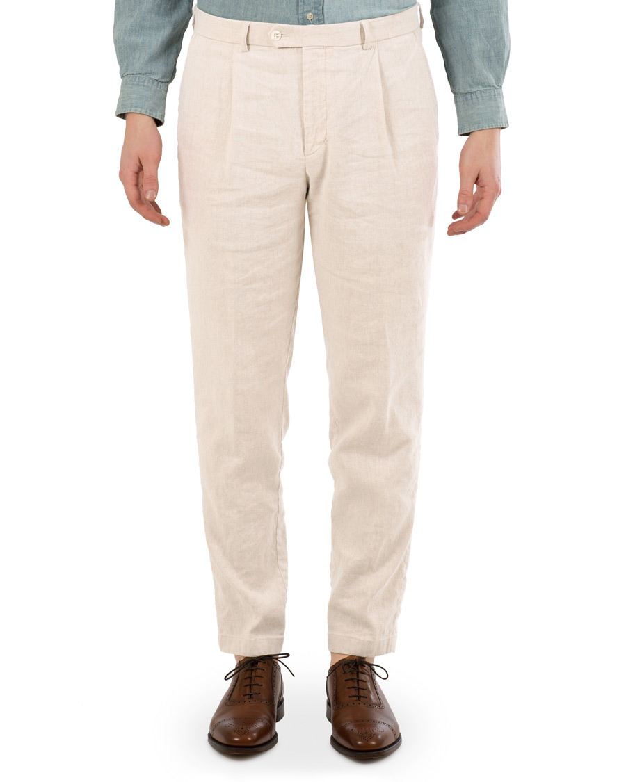 Herr | Byxor | Oscar Jacobson | Delon Cotton/Linen Garment Wash Pleated Trousers Beige