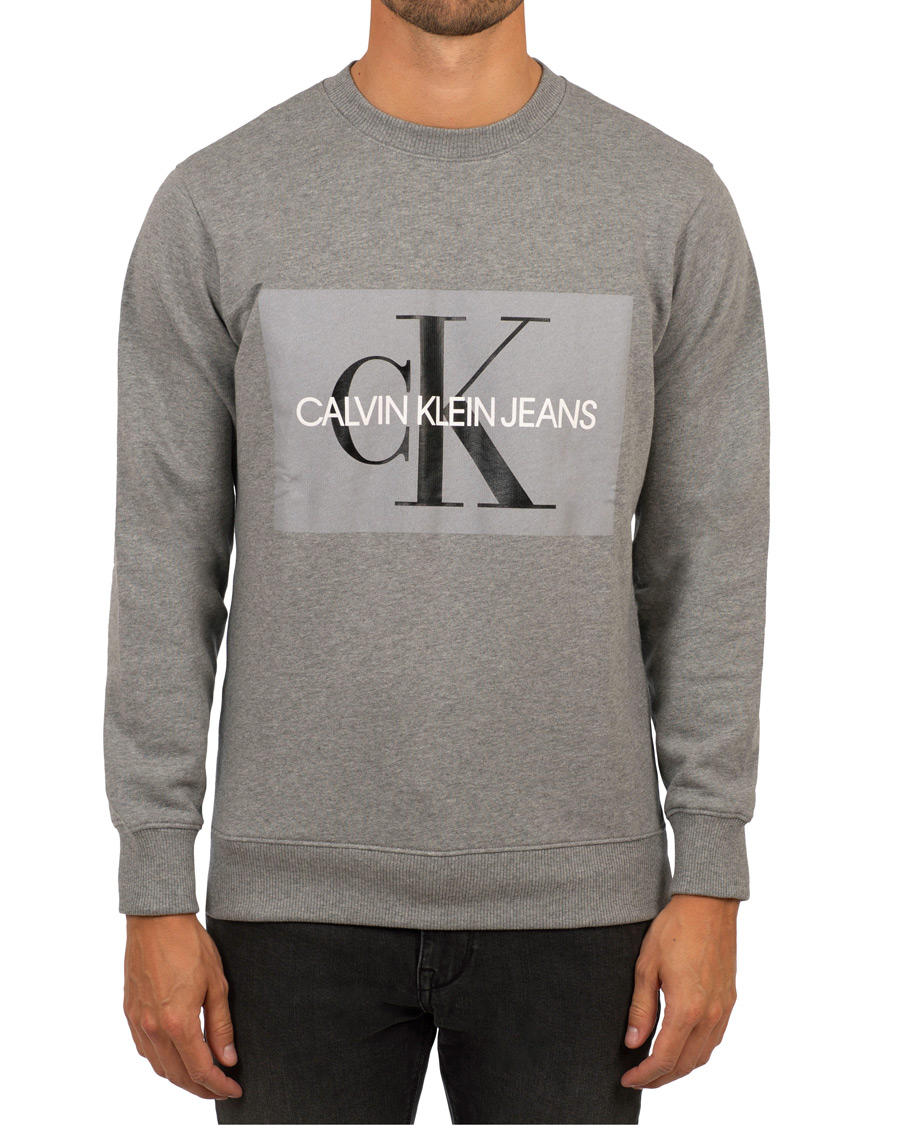 Neck Monogram Grey Jeans Sweatshirt Klein Logo Basic | Calvin Crew Heather