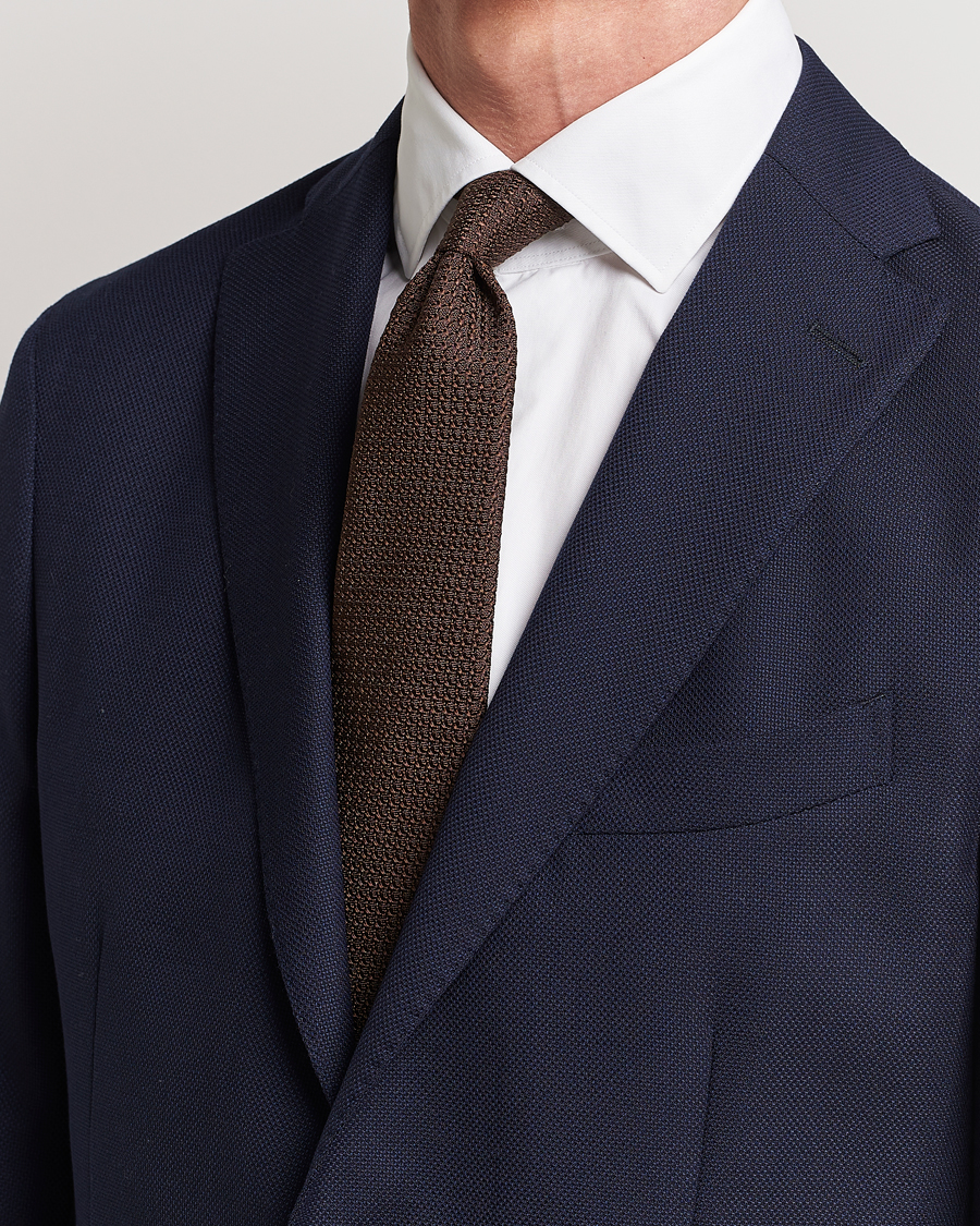 Herr | Slipsar | Drake's | Large Knot Handrolled Grenadine Silk Tie Brown