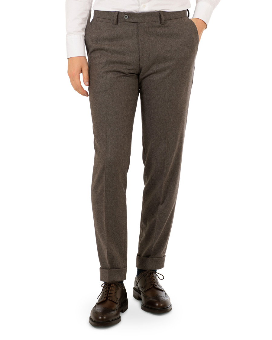 Herr | Byxor | Oscar Jacobson | Dean Turn Up Flannel Trousers Taupe