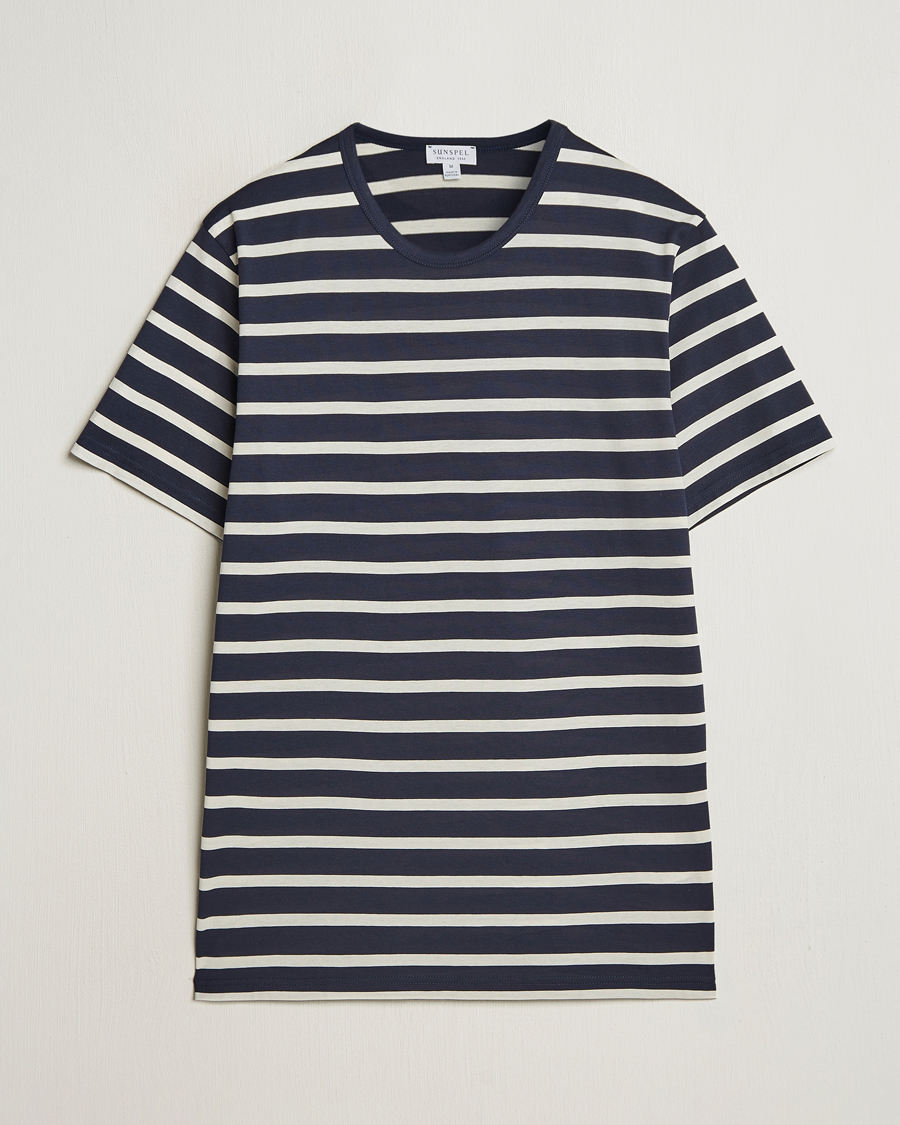Herr | T-Shirts | Sunspel | Striped Crew Neck Q82 Cotton T-Shirt Navy/Ecru