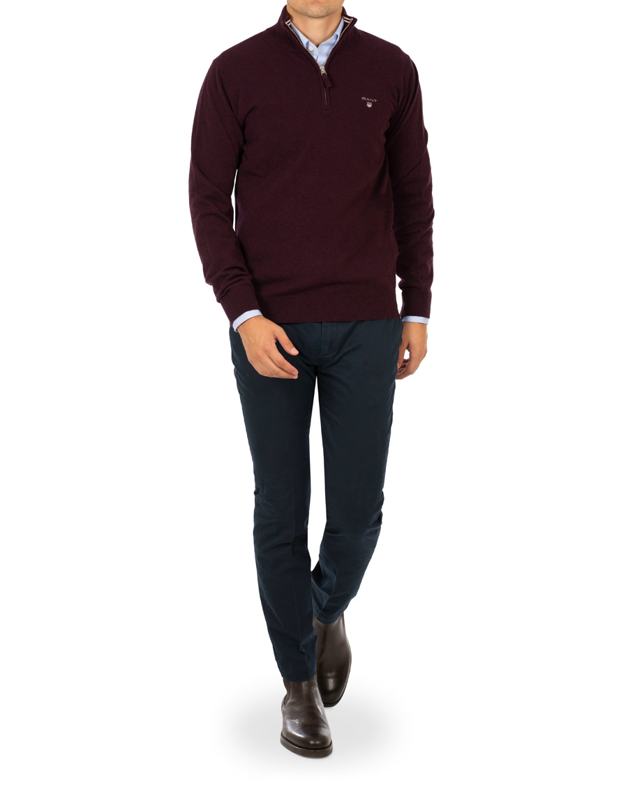 Herr | Tröjor | GANT | Superfine Lambswool Half Zip Dark Burgundy Melange