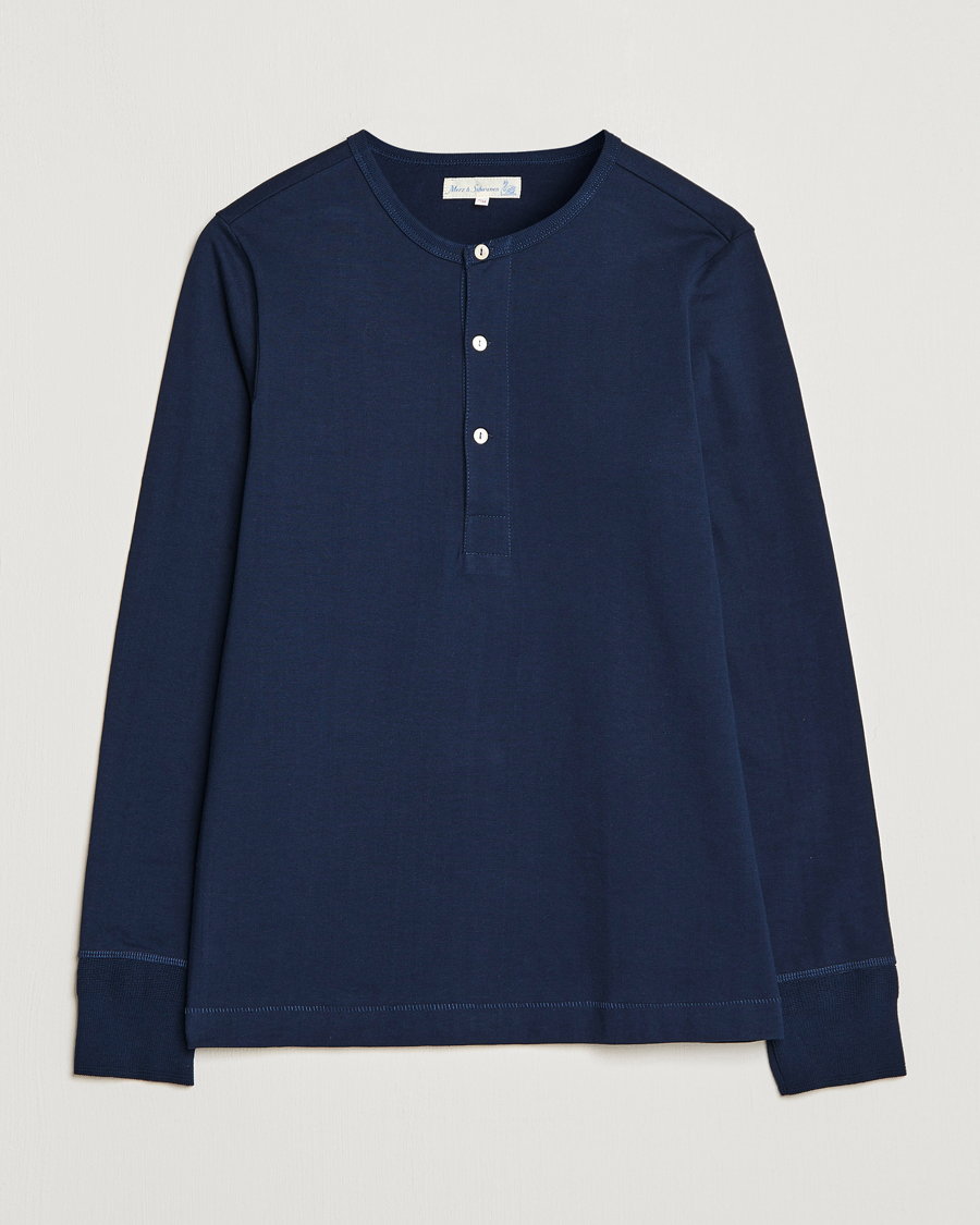 Herr | Tröjor | Merz b. Schwanen | Classic Organic Cotton Henley Sweater Ink Blue