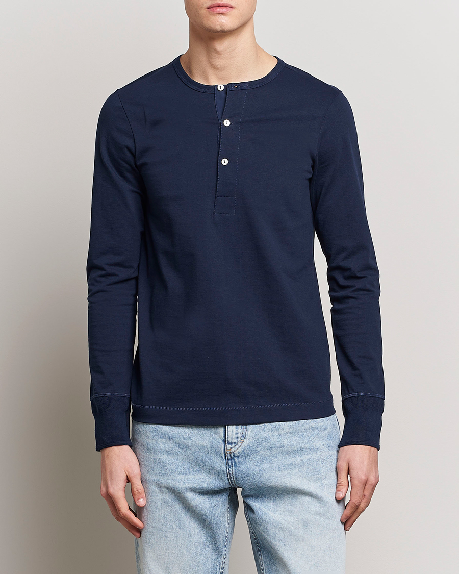 Herre | Merz b. Schwanen | Merz b. Schwanen | Classic Organic Cotton Henley Sweater Ink Blue