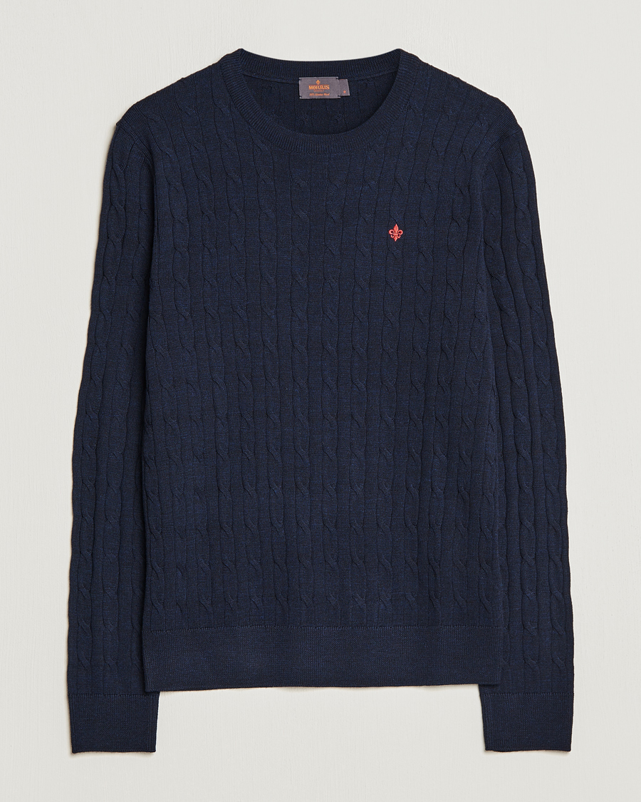 Herr | Pullover rundhals | Morris | Merino Cable O-Neck Navy