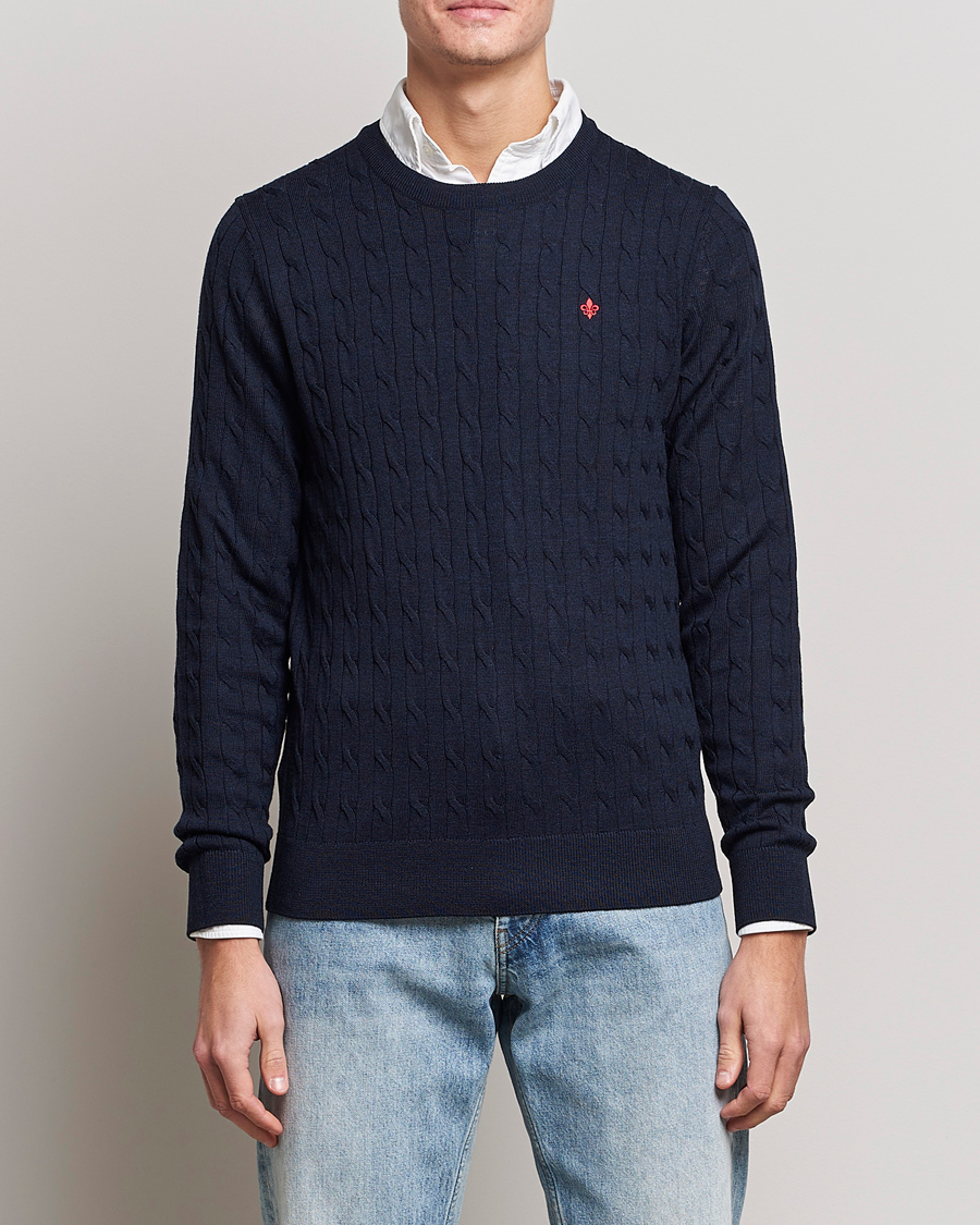 Herr | Pullover rundhals | Morris | Merino Cable O-Neck Navy