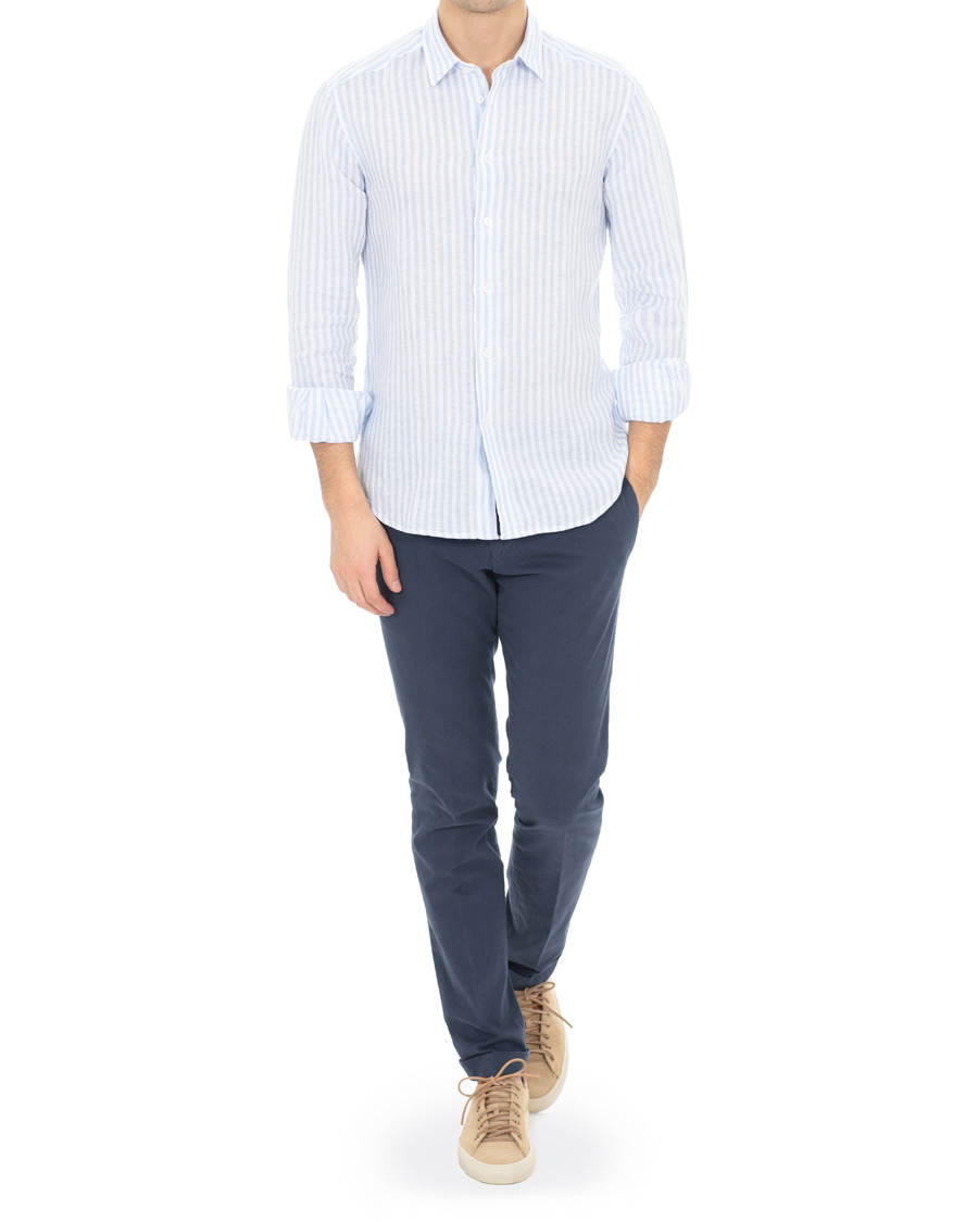 Herr | Skjortor | Barena | Coppi Striped Linen Long Sleeve Shirt Sky Blue