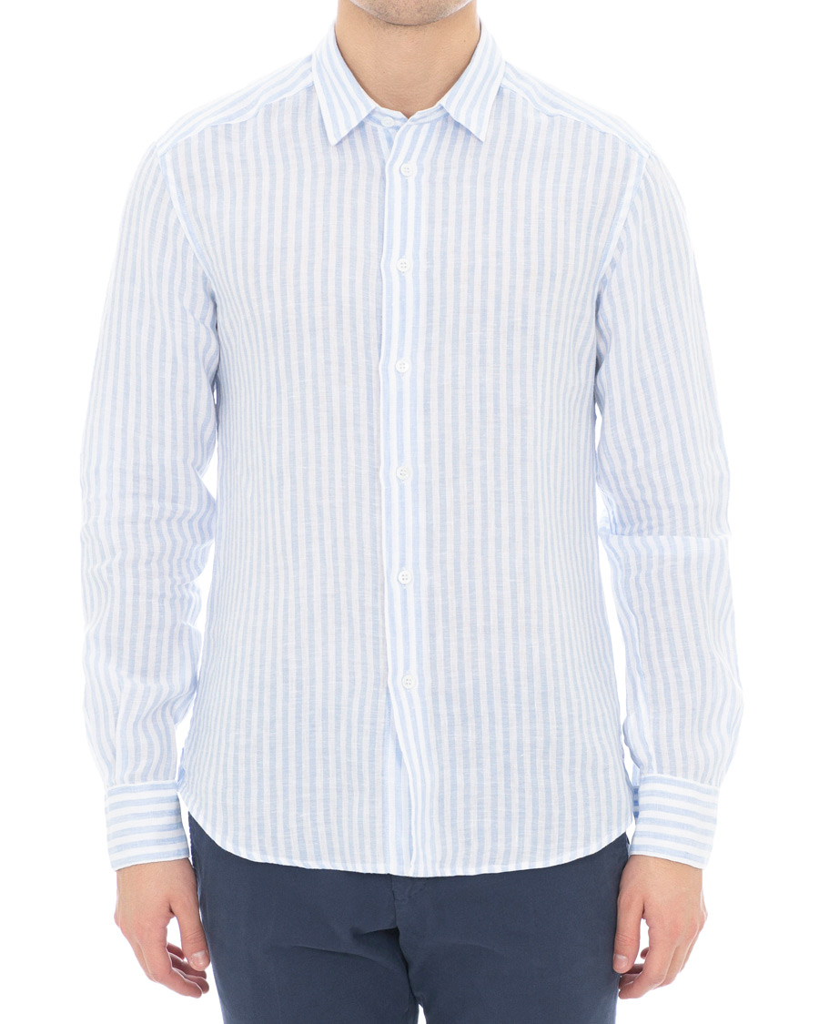 Herr | Skjortor | Barena | Coppi Striped Linen Long Sleeve Shirt Sky Blue