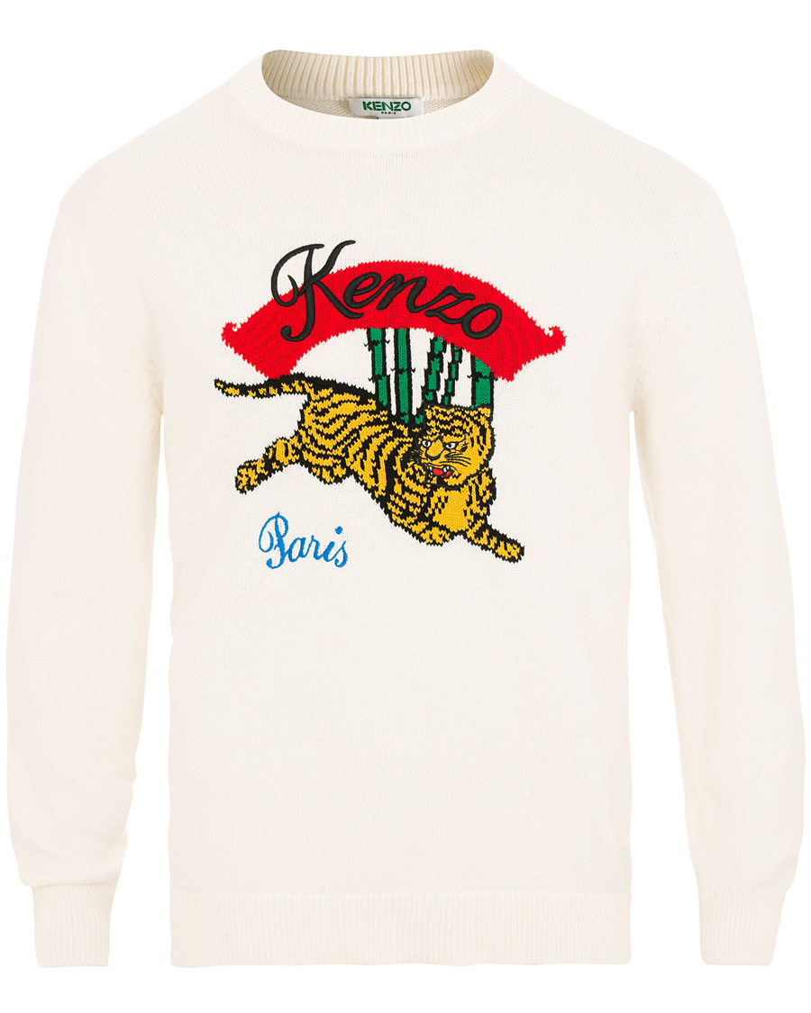 Herr | Tröjor | KENZO | Jumping Bamboo Tiger Knitted Crew Neck White