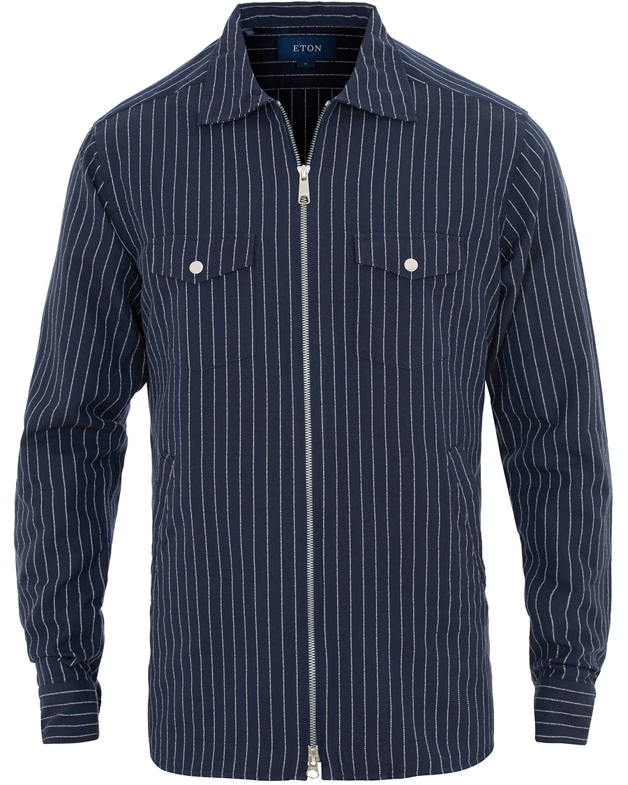 Herr | Skjortor | Eton | Slim Fit Twill Pinstripe Zip Over Shirt Blue