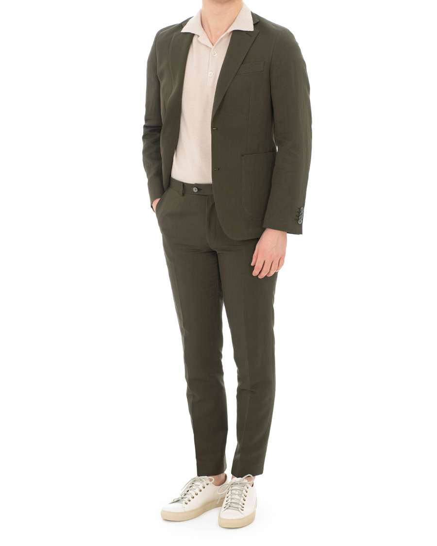 Herr | Kavajer | Oscar Jacobson | Einar Cotton/Linen Herringbone Blazer Olive