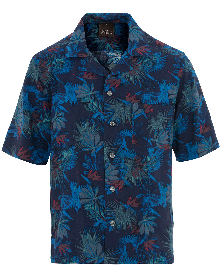 Herr | Skjortor | Oscar Jacobson | Hilmer Camp Collar Printed Flower Short Sleeve Shirt Blue