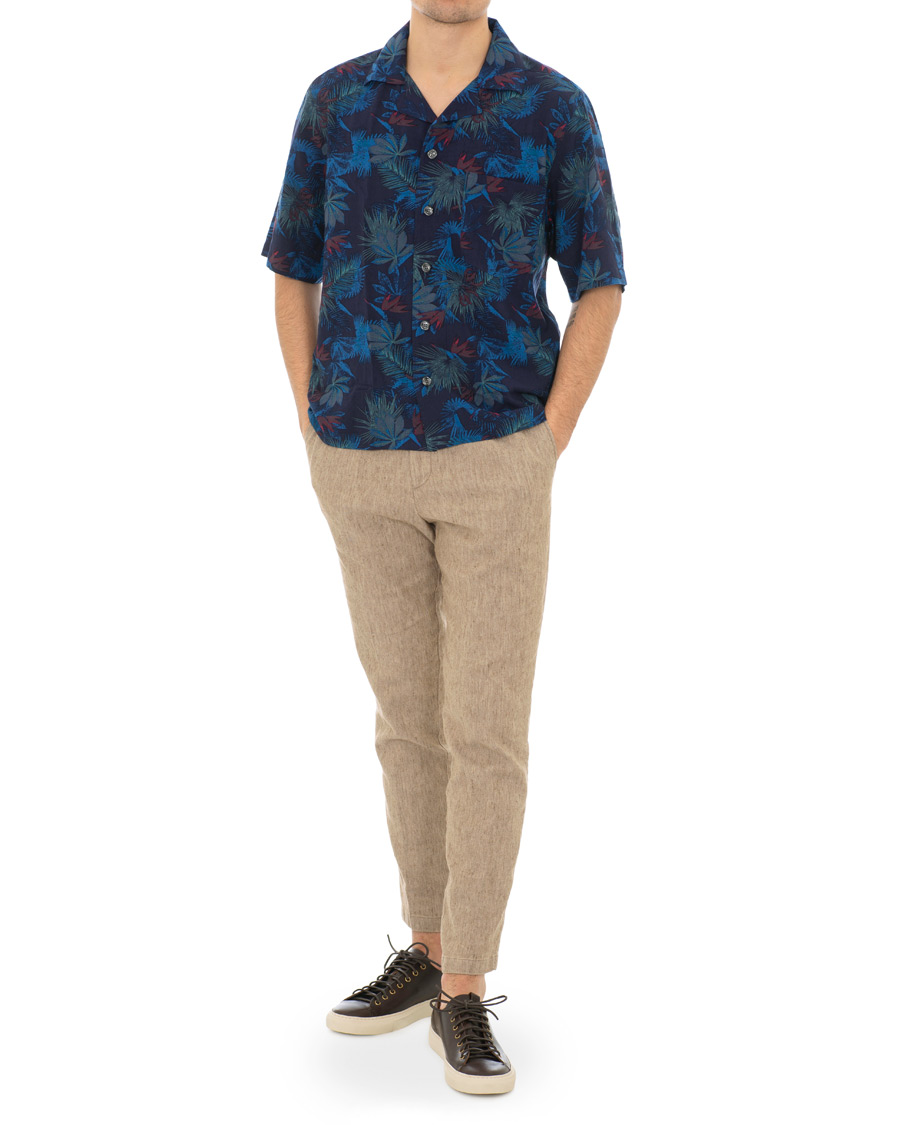 Herr | Skjortor | Oscar Jacobson | Hilmer Camp Collar Printed Flower Short Sleeve Shirt Blue