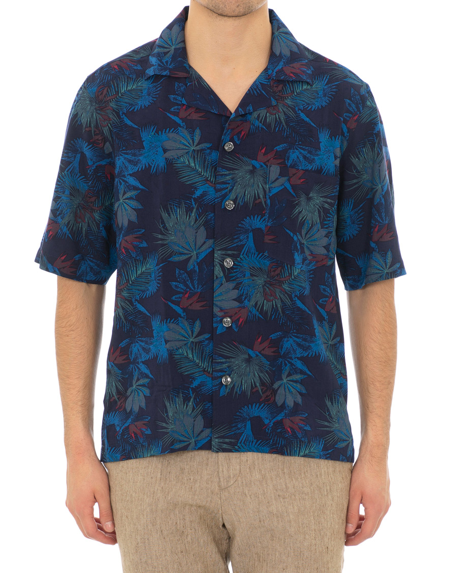 Herr | Skjortor | Oscar Jacobson | Hilmer Camp Collar Printed Flower Short Sleeve Shirt Blue