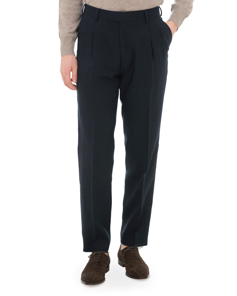 Herr | Byxor | Tiger of Sweden | Trolosa Double Pleated Linen Trousers Navy