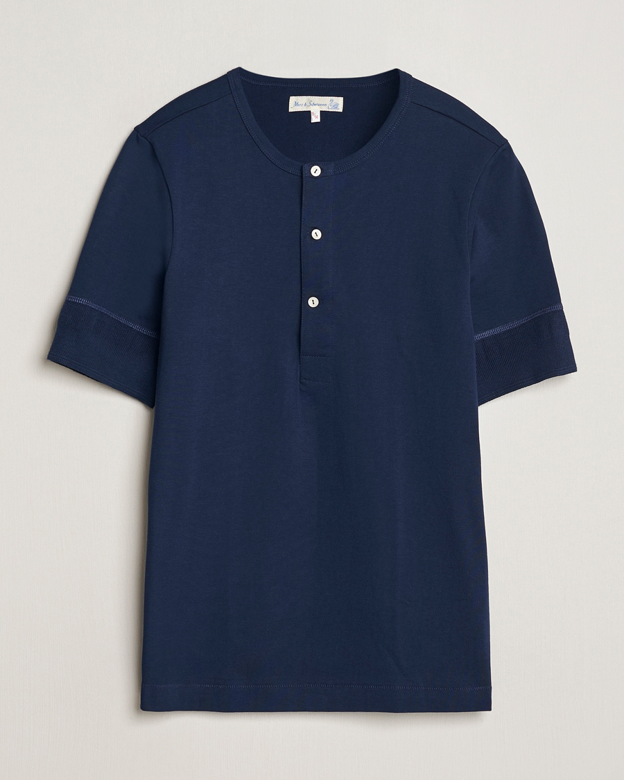 Herr | Tröjor | Merz b. Schwanen | Short Sleeve Organic Cotton Henley Ink Blue