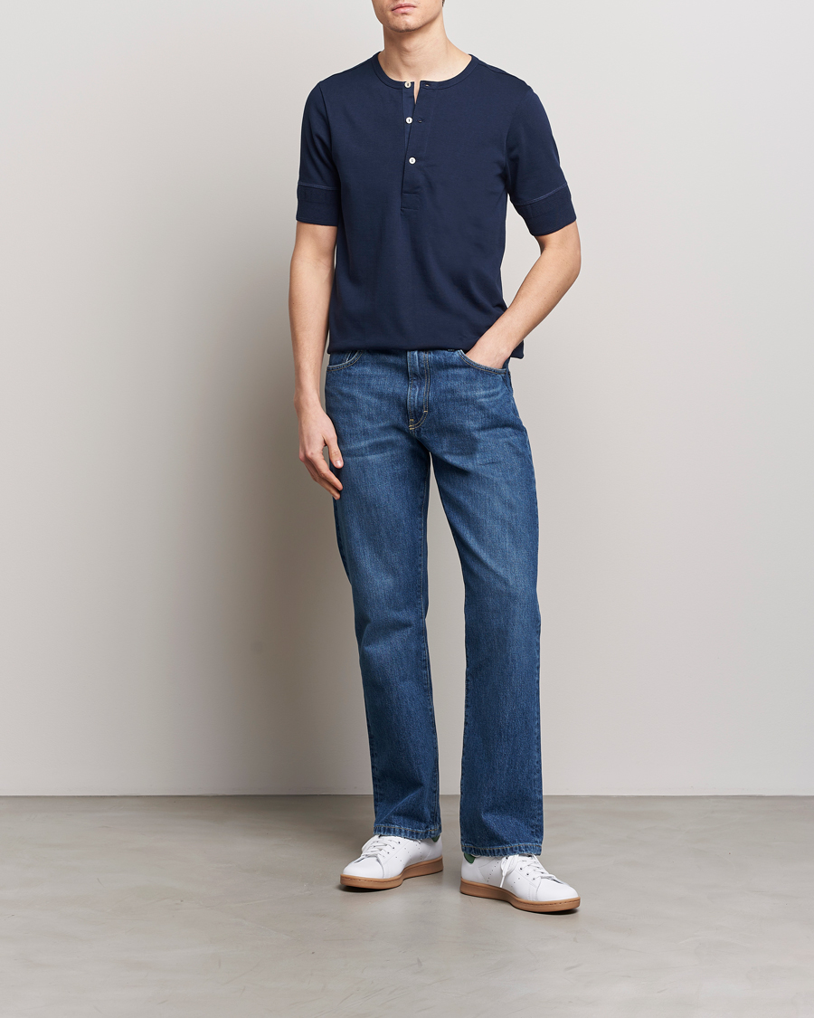 Herr | Tröjor | Merz b. Schwanen | Short Sleeve Organic Cotton Henley Ink Blue