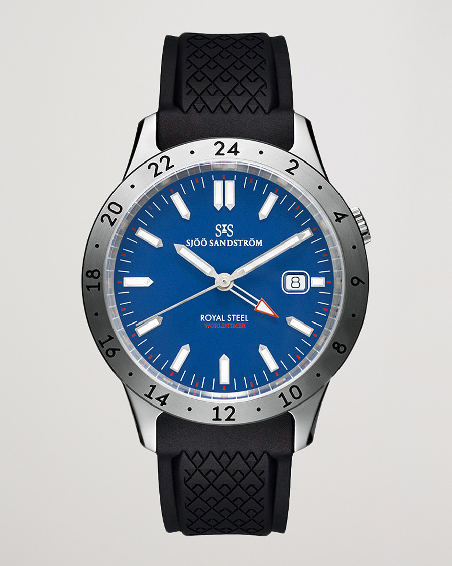 Herr | Sjöö Sandström Royal Steel Worldtimer 41mm Blue with Rubber | Sjöö Sandström | Royal Steel Worldtimer 41mm Blue with Rubber