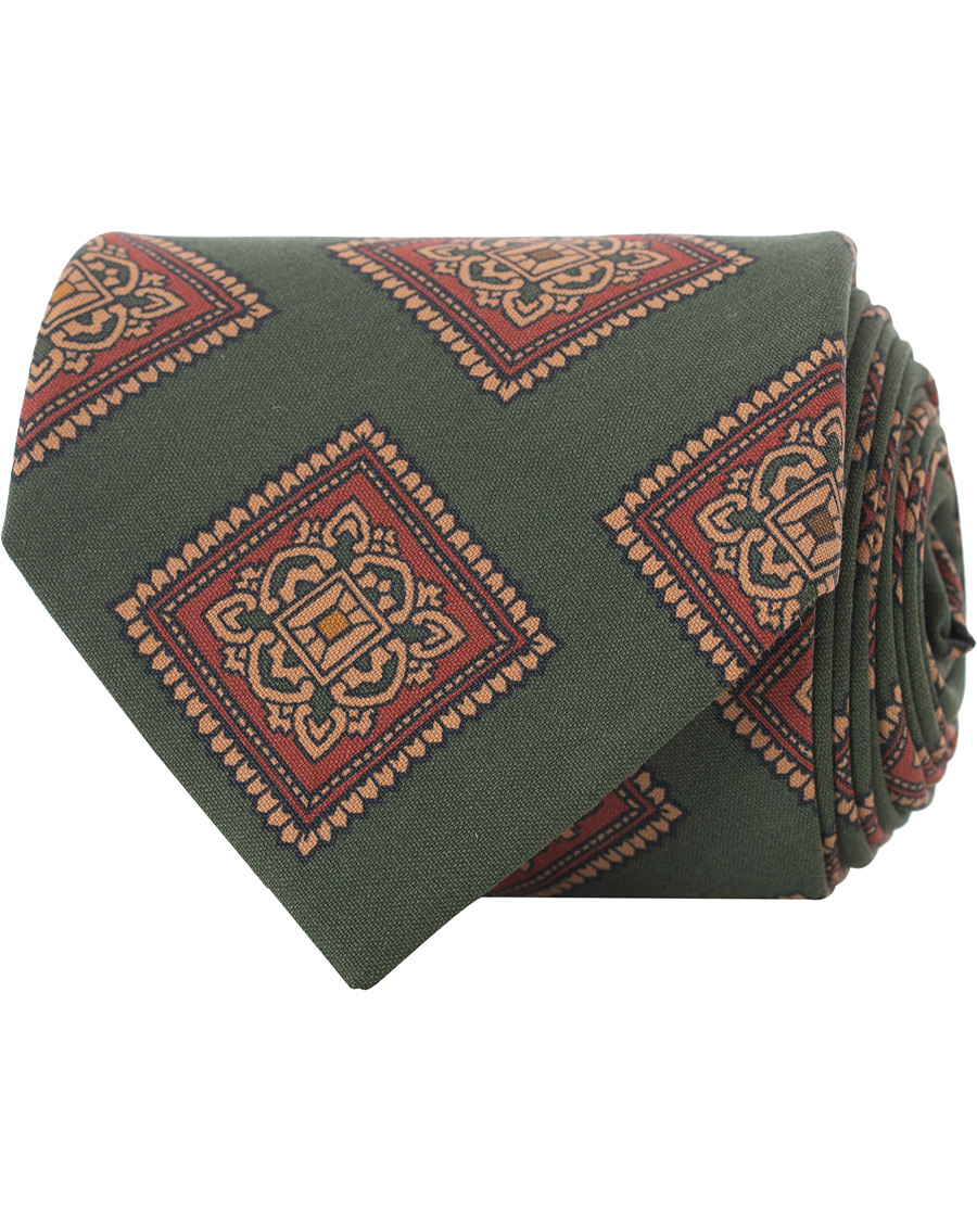 Herr | Drake's Washed Silk Printed Large Square Tie 8 cm Green | Drake's | Washed Silk Printed Large Square Tie 8 cm Green