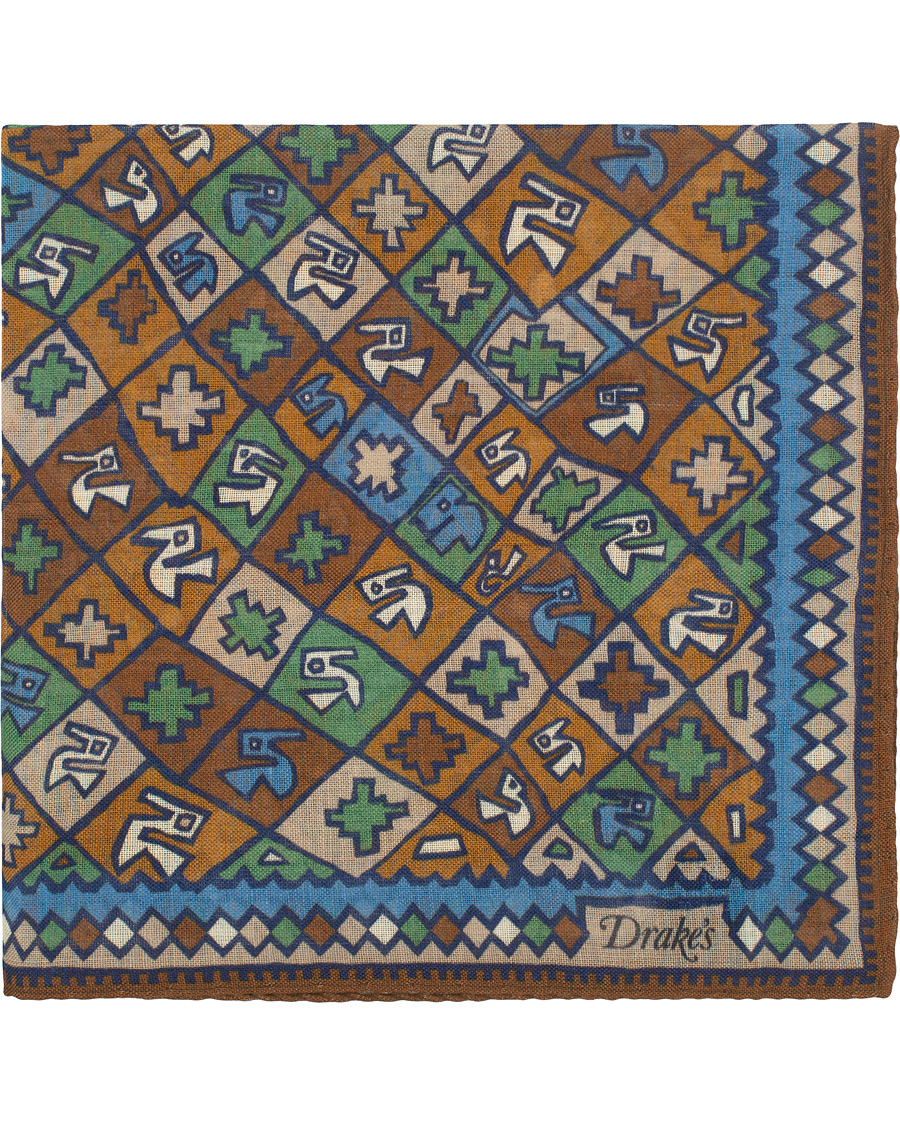 Herr | Drake's Wool/Silk Printed Boxes Pocket Square Beige | Drake's | Wool/Silk Printed Boxes Pocket Square Beige