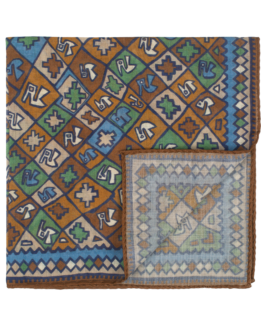 Herr | Drake's Wool/Silk Printed Boxes Pocket Square Beige | Drake's | Wool/Silk Printed Boxes Pocket Square Beige