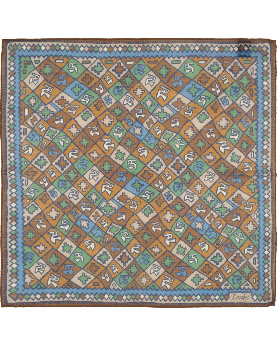 Herr | Drake's Wool/Silk Printed Boxes Pocket Square Beige | Drake's | Wool/Silk Printed Boxes Pocket Square Beige