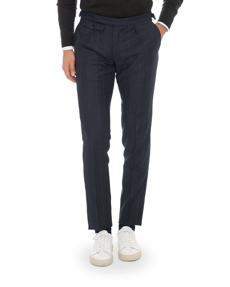 Herr | Byxor | Incotex | Slim Fit Side-adjuster Windowpane Flannel Trousers Navy