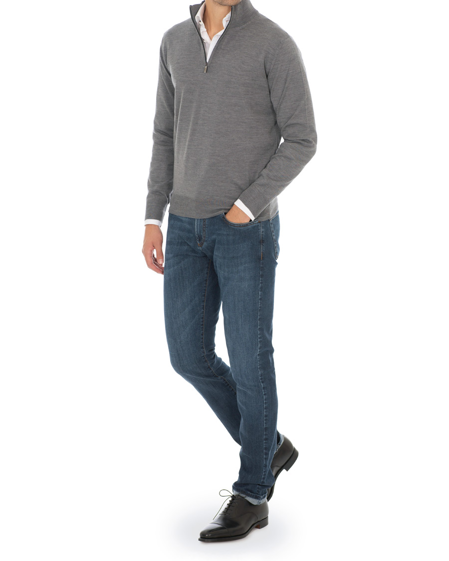 Herr | Tröjor | Canali | Merino Wool Half Zip Sweater Grey Melange