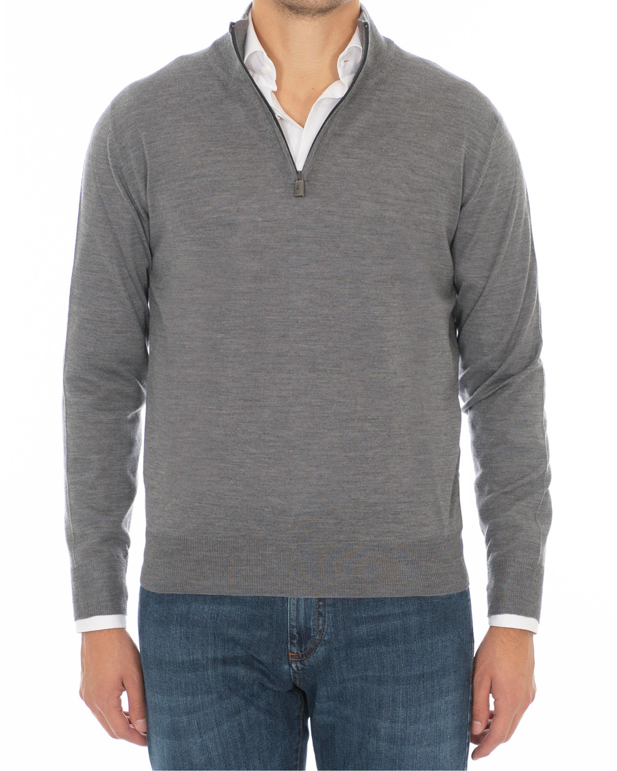 Herr | Tröjor | Canali | Merino Wool Half Zip Sweater Grey Melange