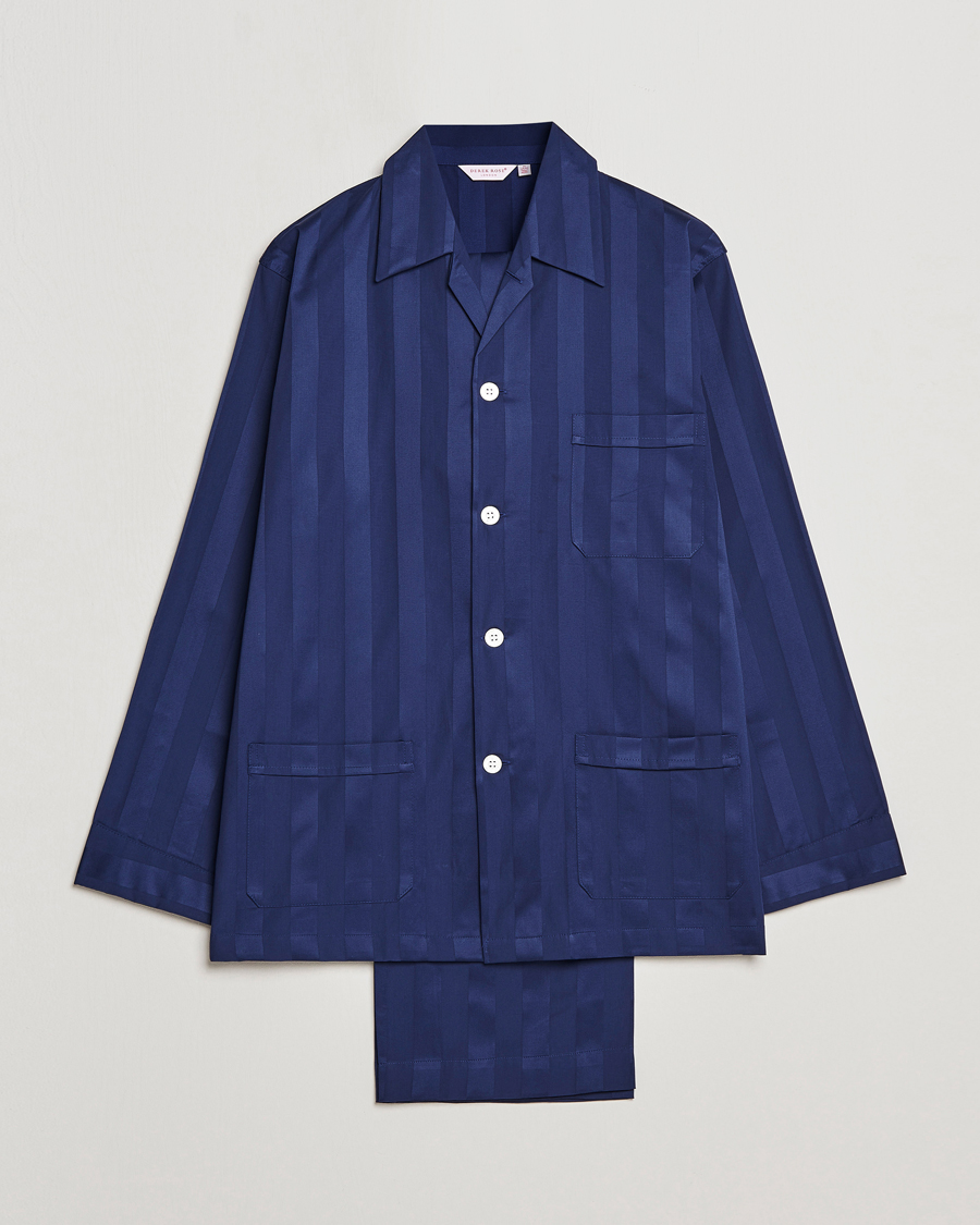 Herr | Pyjamas & Morgonrockar | Derek Rose | Striped Cotton Satin Pyjama Set Navy