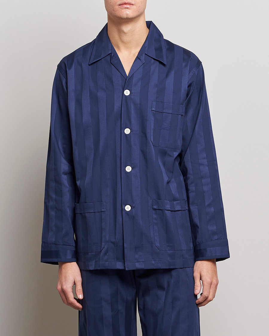 Herr | Pyjamasset | Derek Rose | Striped Cotton Satin Pyjama Set Navy