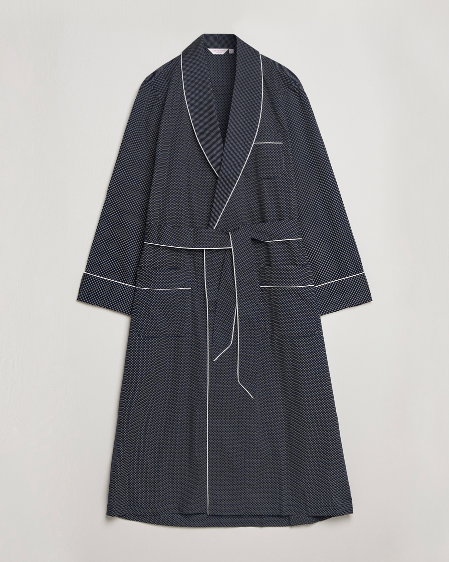 Herr | Pyjamas & Morgonrockar | Derek Rose | Polka Dot Cotton Satin Dressing Gown Navy