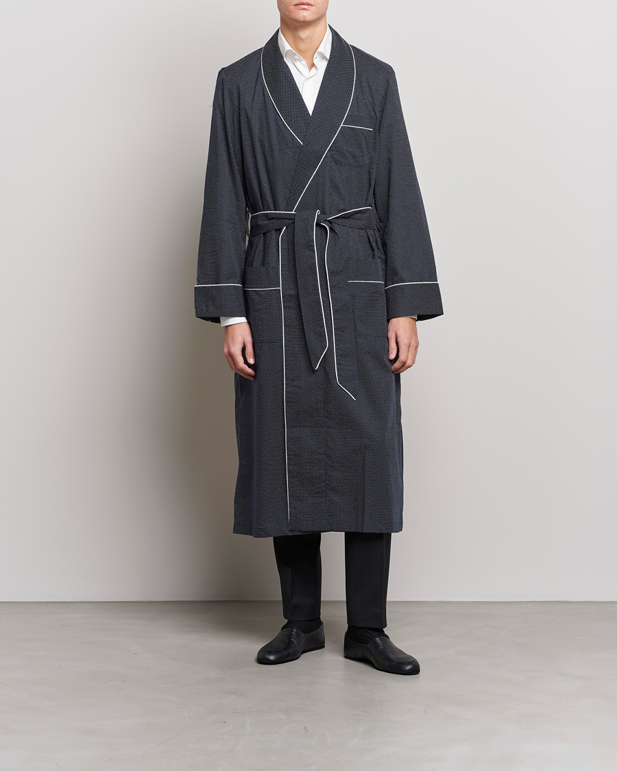 Herr | Pyjamas & Morgonrockar | Derek Rose | Polka Dot Cotton Satin Dressing Gown Navy