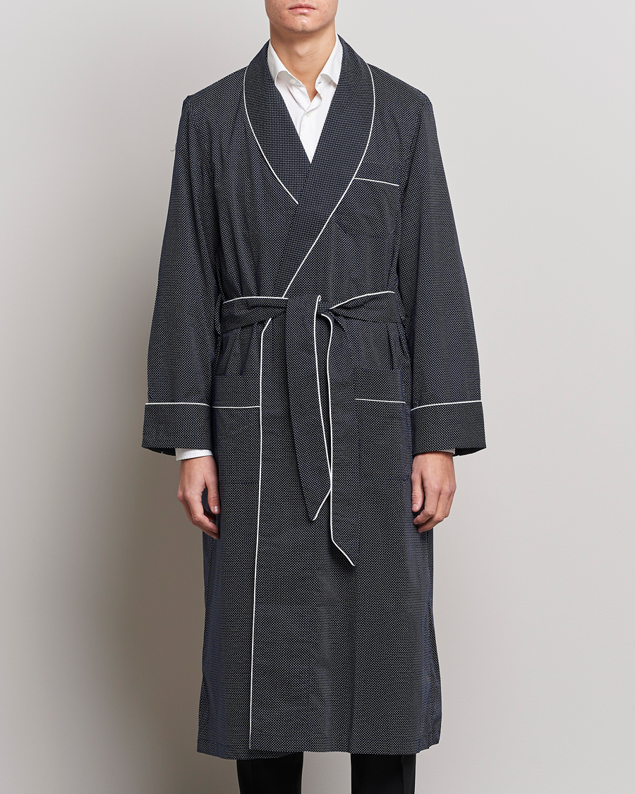 Herr | Pyjamas & Morgonrockar | Derek Rose | Polka Dot Cotton Satin Dressing Gown Navy