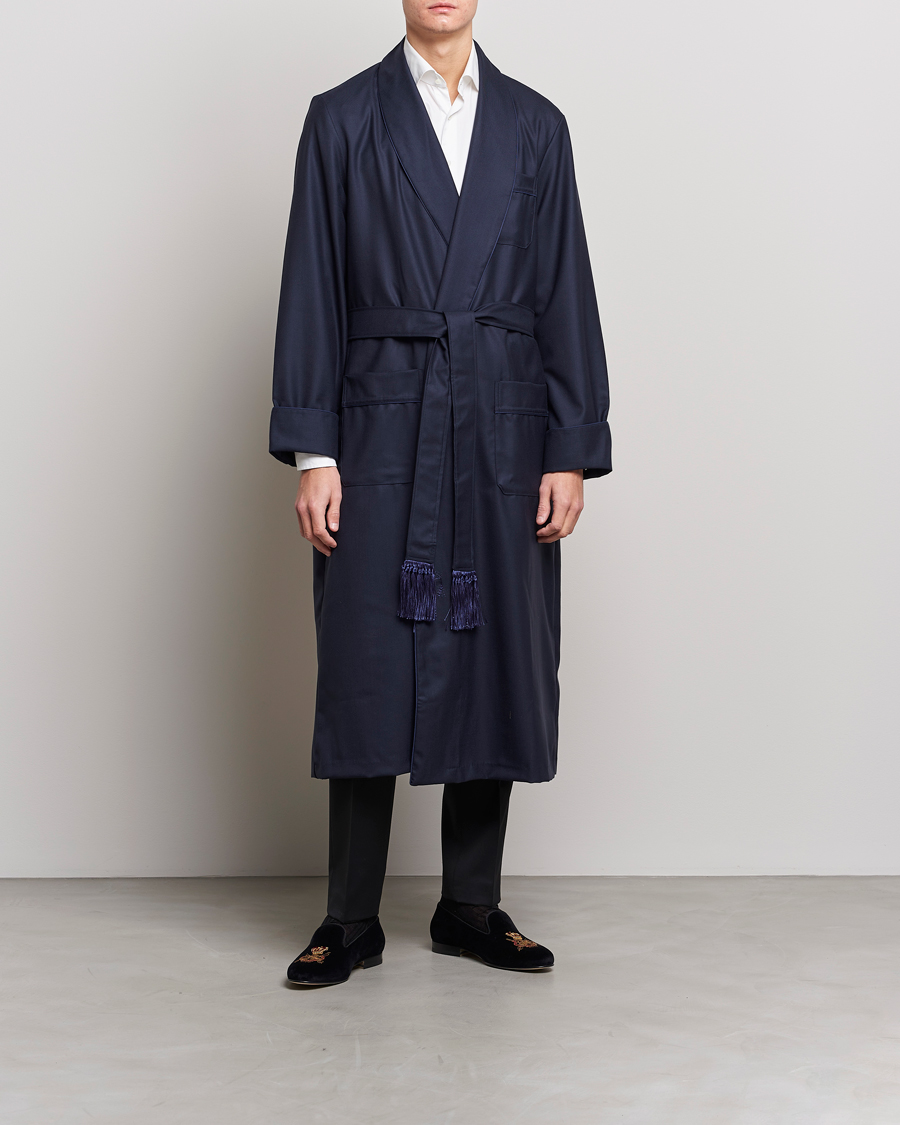 Herr | Pyjamas & Morgonrockar | Derek Rose | Pure Wool Dressing Gown Navy