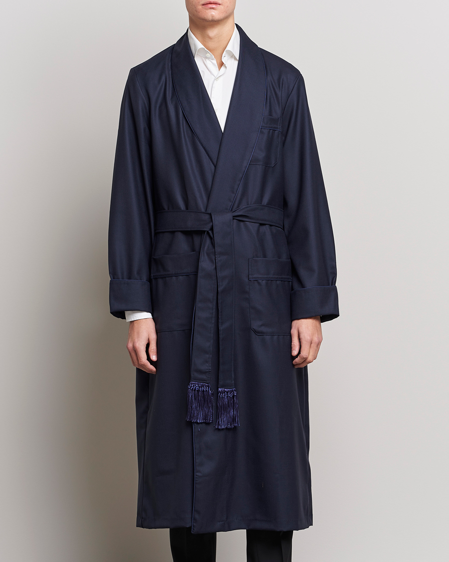 Herr | Loungewear | Derek Rose | Pure Wool Dressing Gown Navy