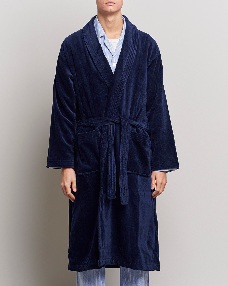Herr | Pyjamas & Morgonrockar | Derek Rose | Cotton Velour Gown Navy