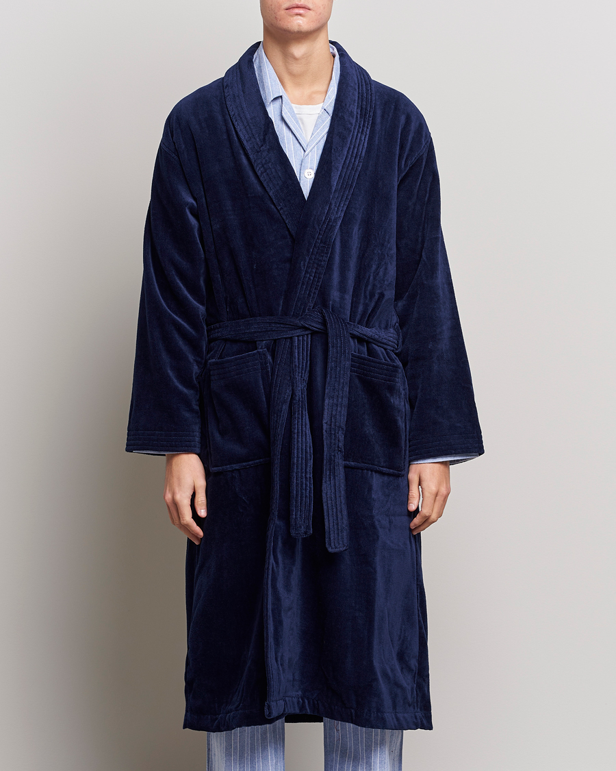 Herr | Loungewear | Derek Rose | Cotton Velour Gown Navy