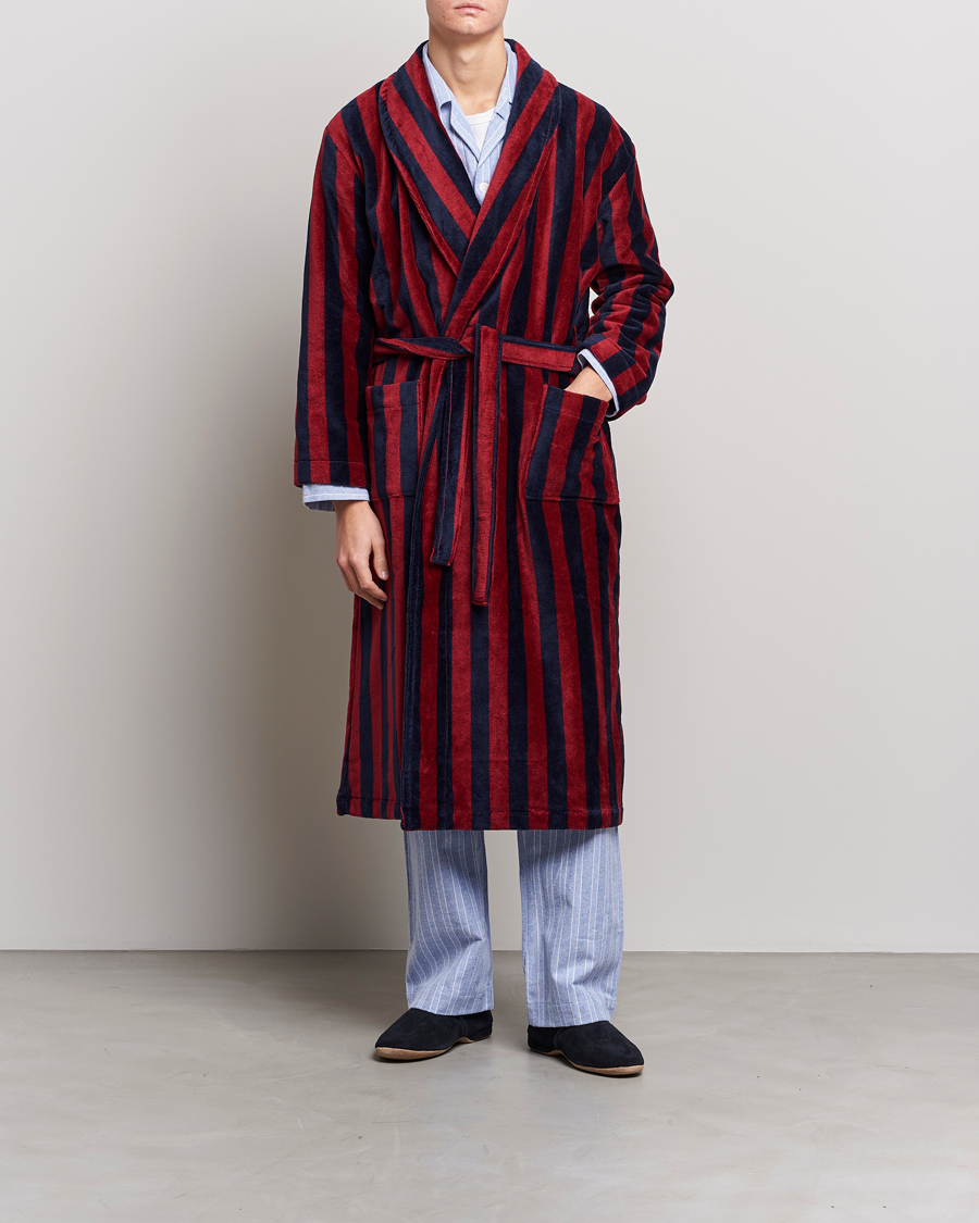 Herr | Pyjamas & Morgonrockar | Derek Rose | Cotton Velour Striped Gown Red/Blue