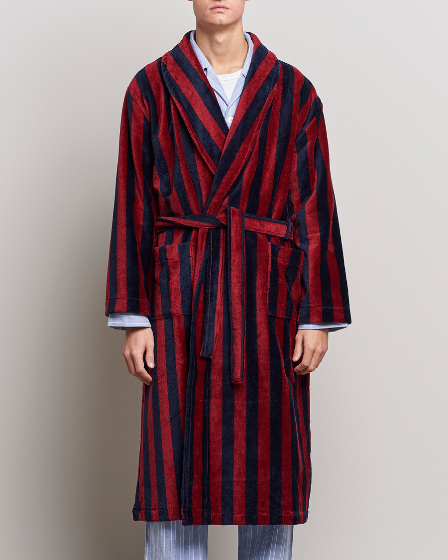 Herr | Loungewear | Derek Rose | Cotton Velour Striped Gown Red/Blue