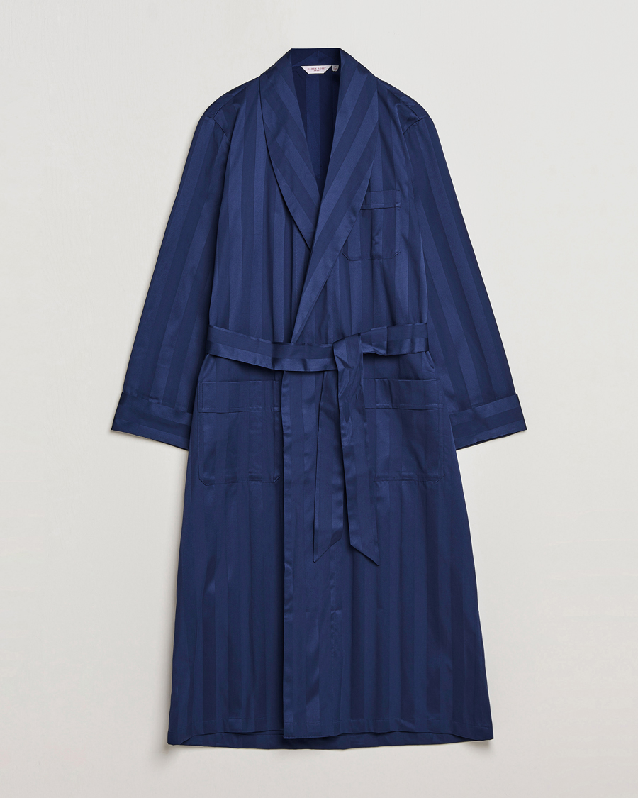 Herr | Pyjamas & Morgonrockar | Derek Rose | Striped Cotton Satin Dressing Gown Navy/Navy